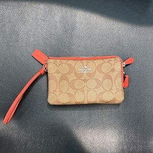 Coach Signature Tan and Orange Wristlet